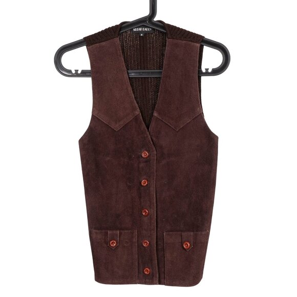 VTG Cowhide Leather Vest M Mens 90s Brown Suede Buttons Pocket Sweater Knit Back - Picture 1 of 5